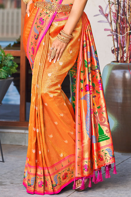 Canery Orange Paithani Silk Saree