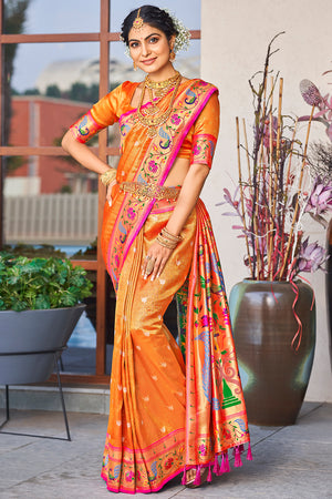 Canery Orange Paithani Silk Saree