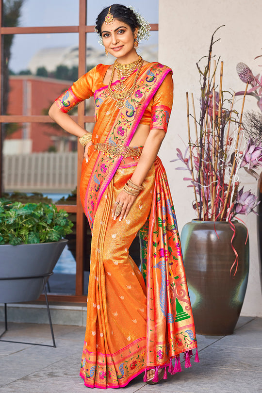 Canery Orange Paithani Silk Saree