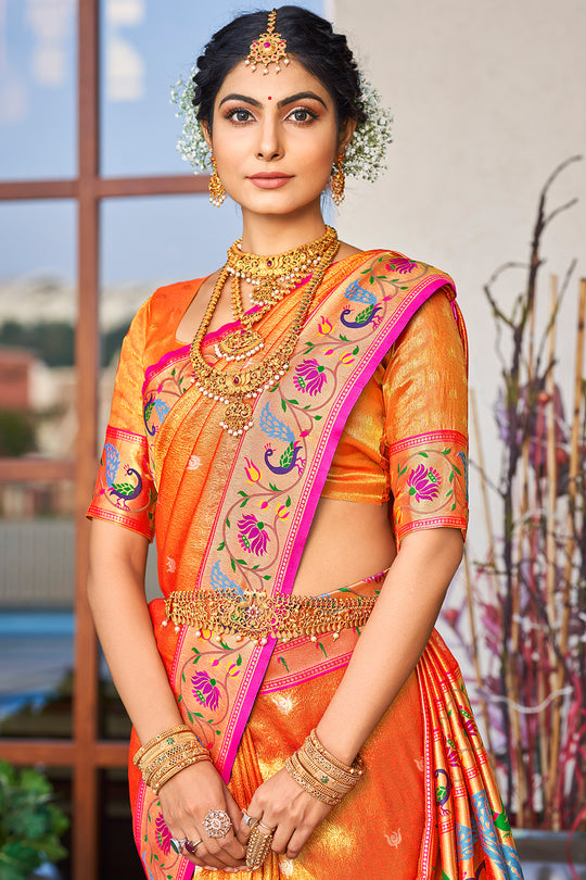 Canery Orange Paithani Silk Saree