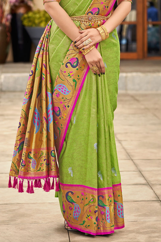 Lime Green Paithani Silk Saree