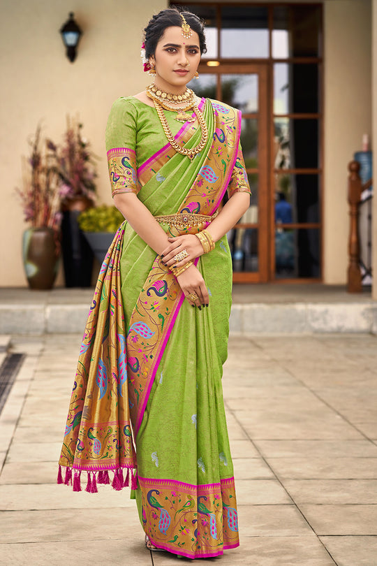 Lime Green Paithani Silk Saree