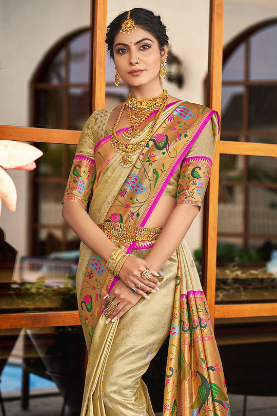 Tan Beige Paithani Silk Saree