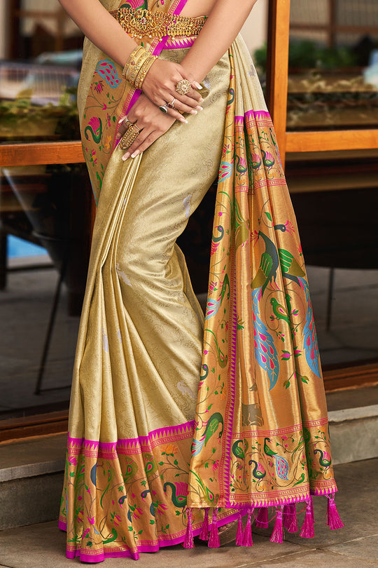 Tan Beige Paithani Silk Saree