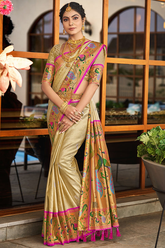 Tan Beige Paithani Silk Saree