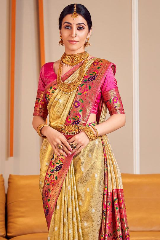Buttermilk Beige Paithani Silk Saree