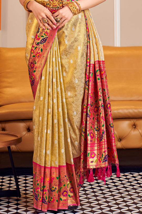 Buttermilk Beige Paithani Silk Saree