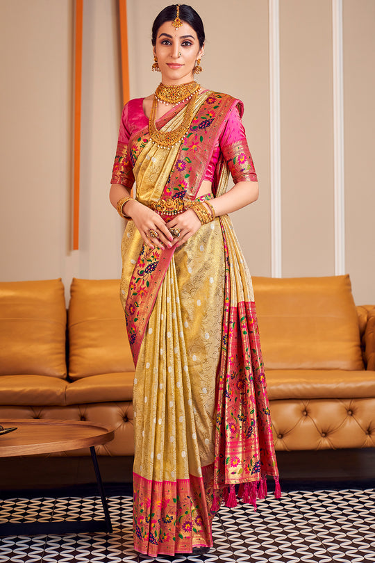 Buttermilk Beige Paithani Silk Saree
