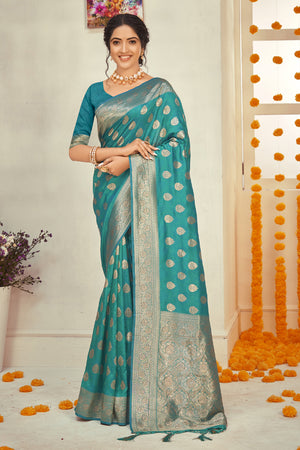 Teal Blue Banarasi Saree