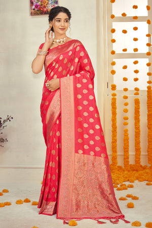 Coral Red Banarasi Saree