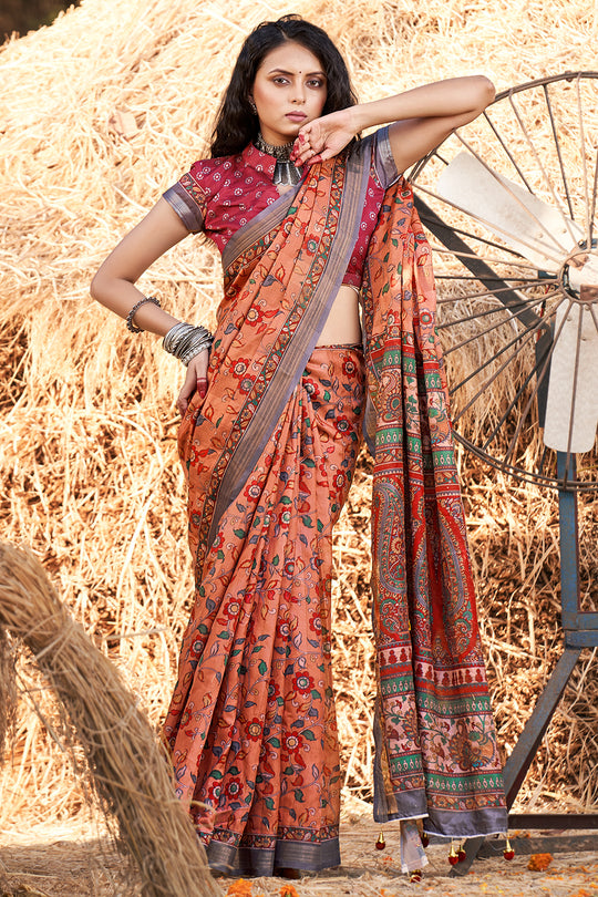 Cantaloupe Orange Kalamkari Saree