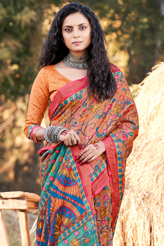 Light Orange Kalamkari Saree