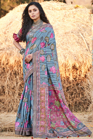 Baby Blue Kalamkari Saree