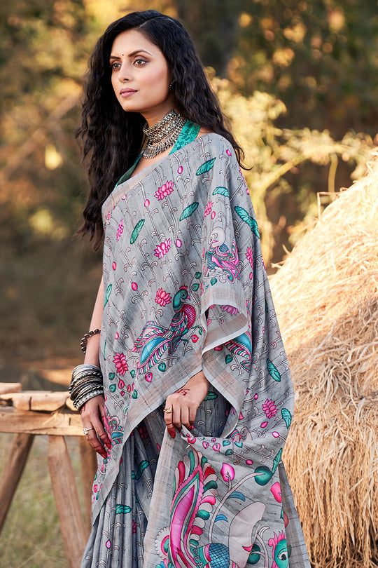 Coin Grey Kalamkari Saree