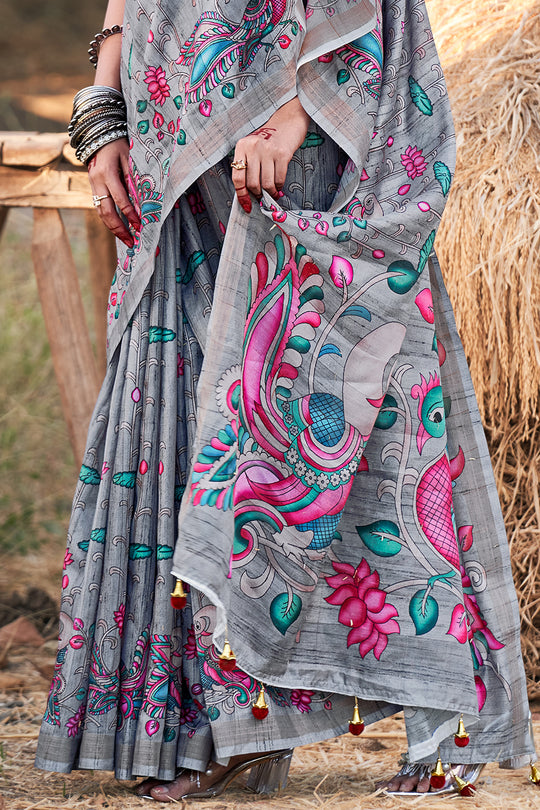 Coin Grey Kalamkari Saree