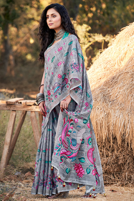 Coin Grey Kalamkari Saree