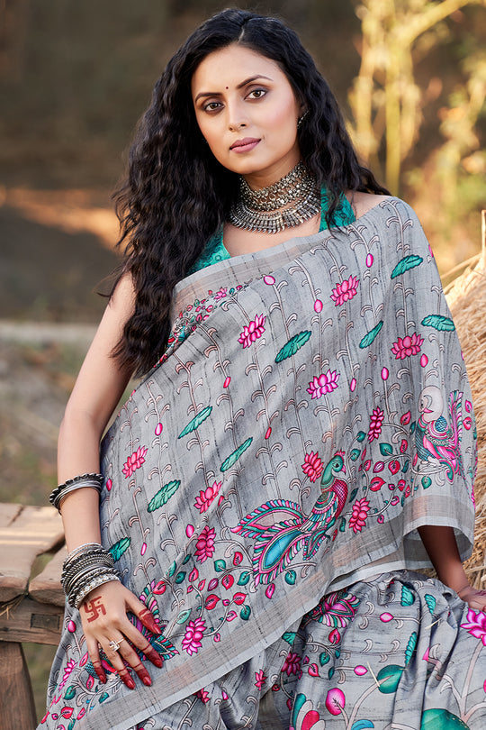 Coin Grey Kalamkari Saree