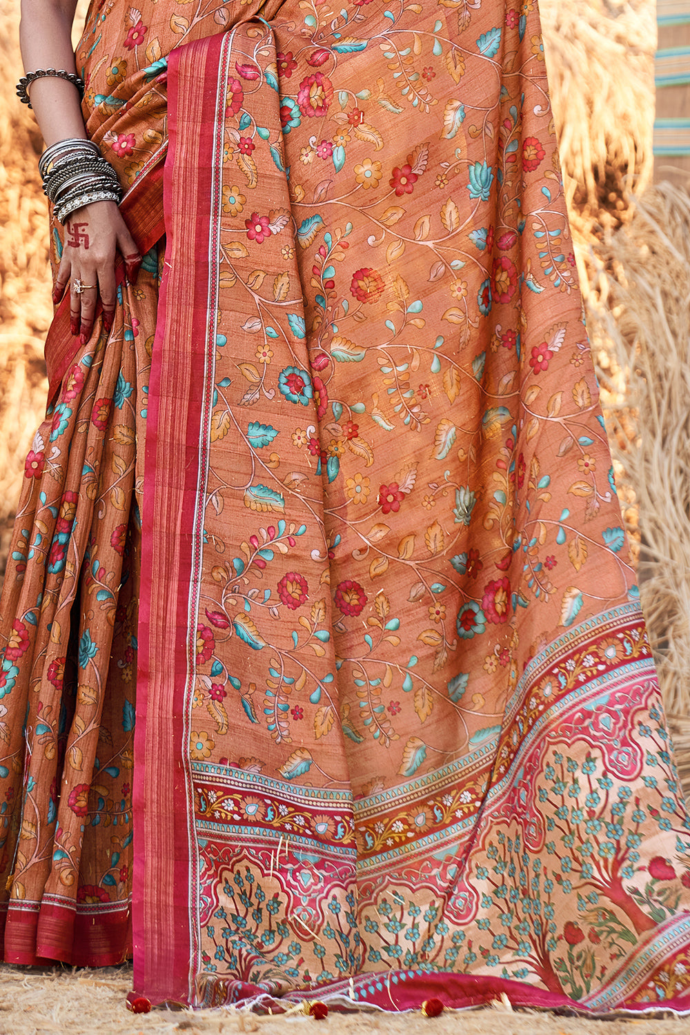 Buy Marmalade Orange Kalamkari Saree onlineKaragiri