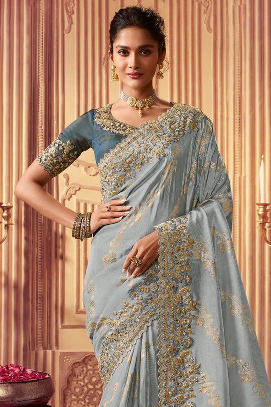 Greyish Blue South Silk Saree