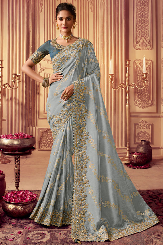 Greyish Blue South Silk Saree