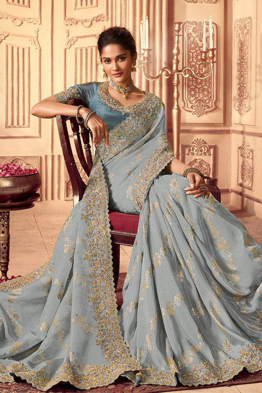 Greyish Blue South Silk Saree