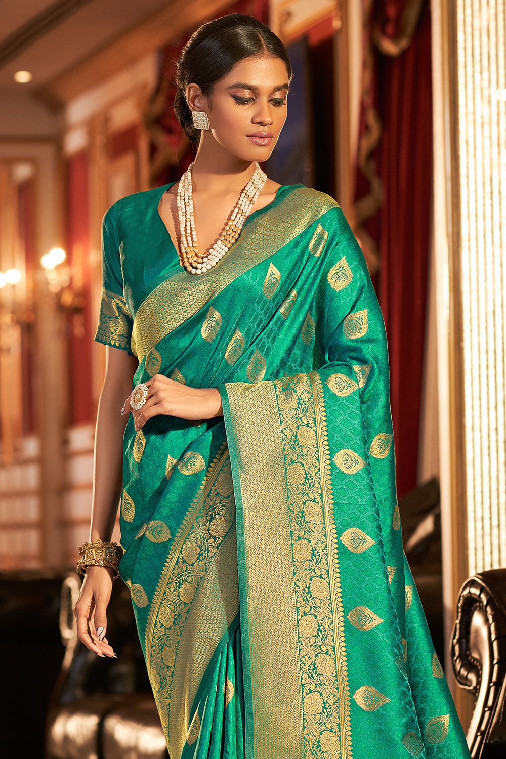 Bottle Green Color Silk Base Half And Half Silk Weave Work Saree