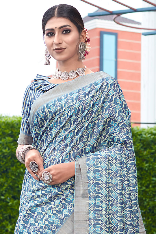 Cerulean Blue Digital Print Saree