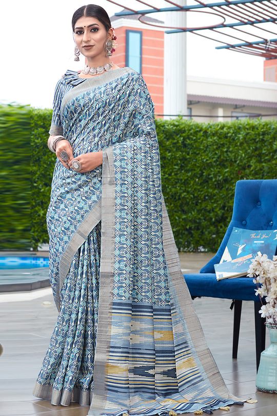 Cerulean Blue Digital Print Saree