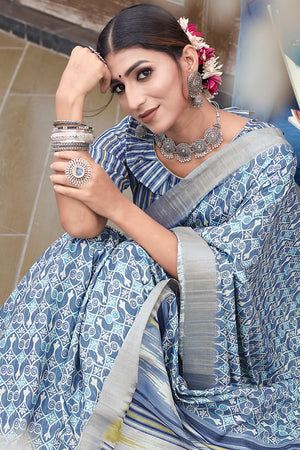 Cerulean Blue Digital Print Saree