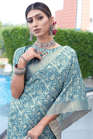 Cyan Blue Digital Print Saree