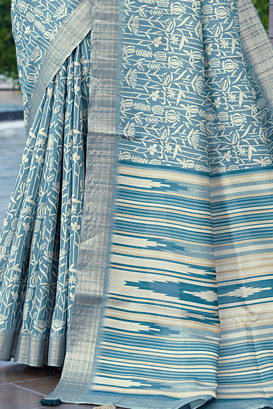 Cyan Blue Digital Print Saree