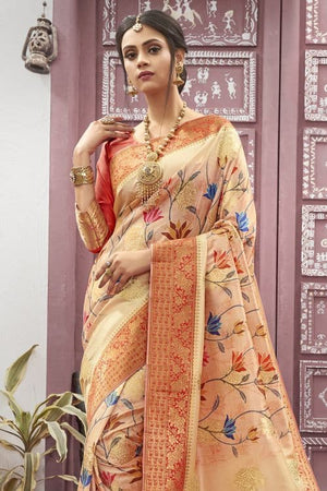 Salmon Peach Satin Silk Saree