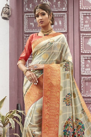 Cloud Grey Satin Silk Saree