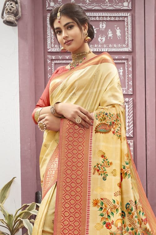 yellow satin silk saree