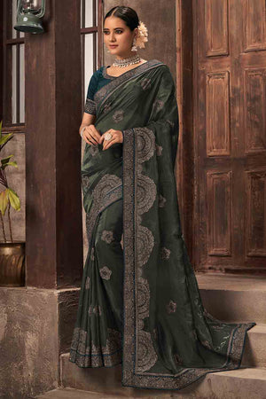 Olive Green Organza Saree
