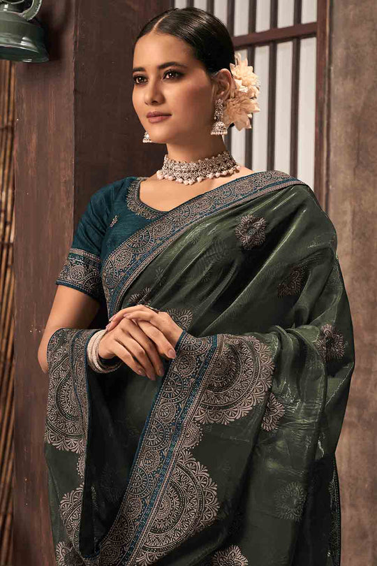 Olive Green Organza Saree