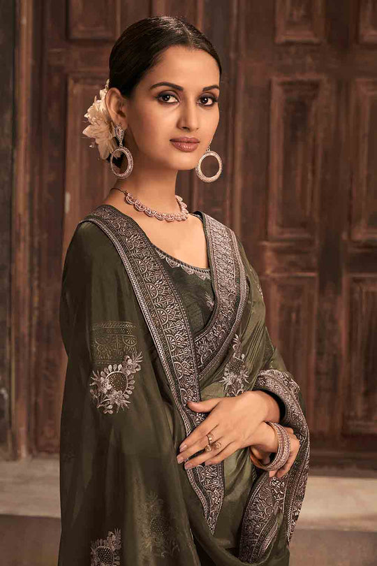Olive Green Oraganza Saree