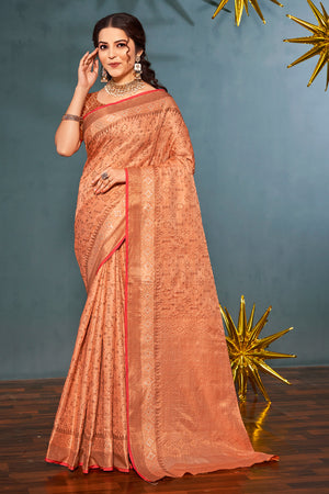 Cantaloupe Peach Banarasi Saree
