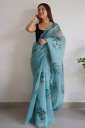 blue organza saree