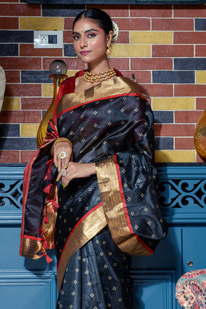 Jet Black Raw Silk Saree