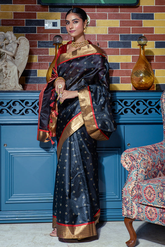 Jet Black Raw Silk Saree