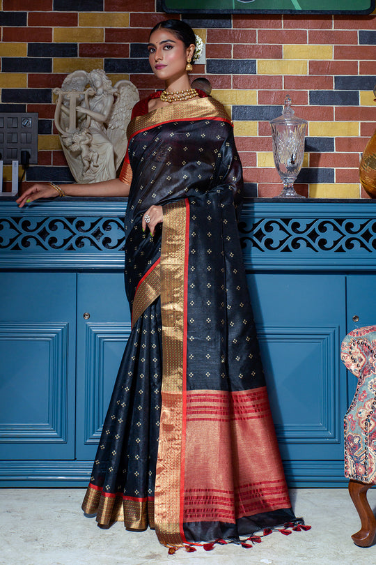 Jet Black Raw Silk Saree