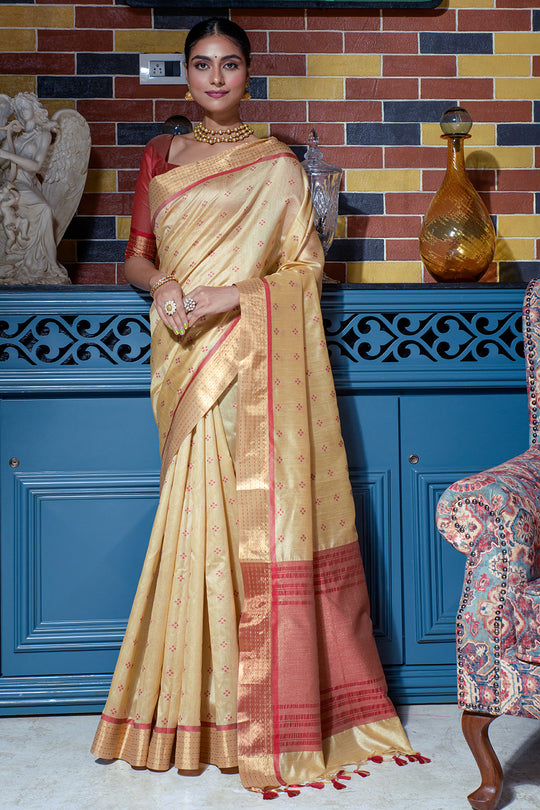 Chiku Beige Raw Silk Saree