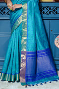 Firozi Blue Raw Silk Saree