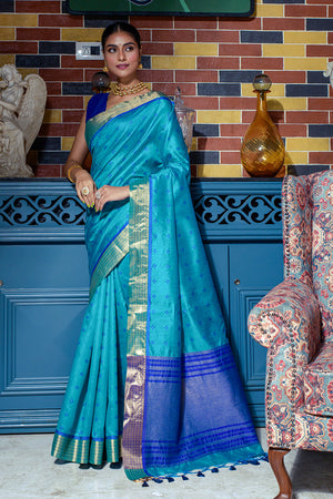 Firozi Blue Raw Silk Saree