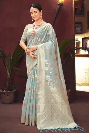 Powder Blue Banarasi Saree