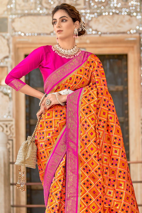 Pink And Yellow Patola Saree
