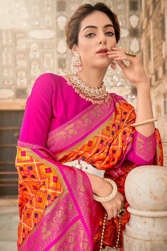Pink And Yellow Patola Saree