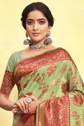 Tea Green And Red Cotton Saree