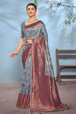 Teal Blue Cotton Saree